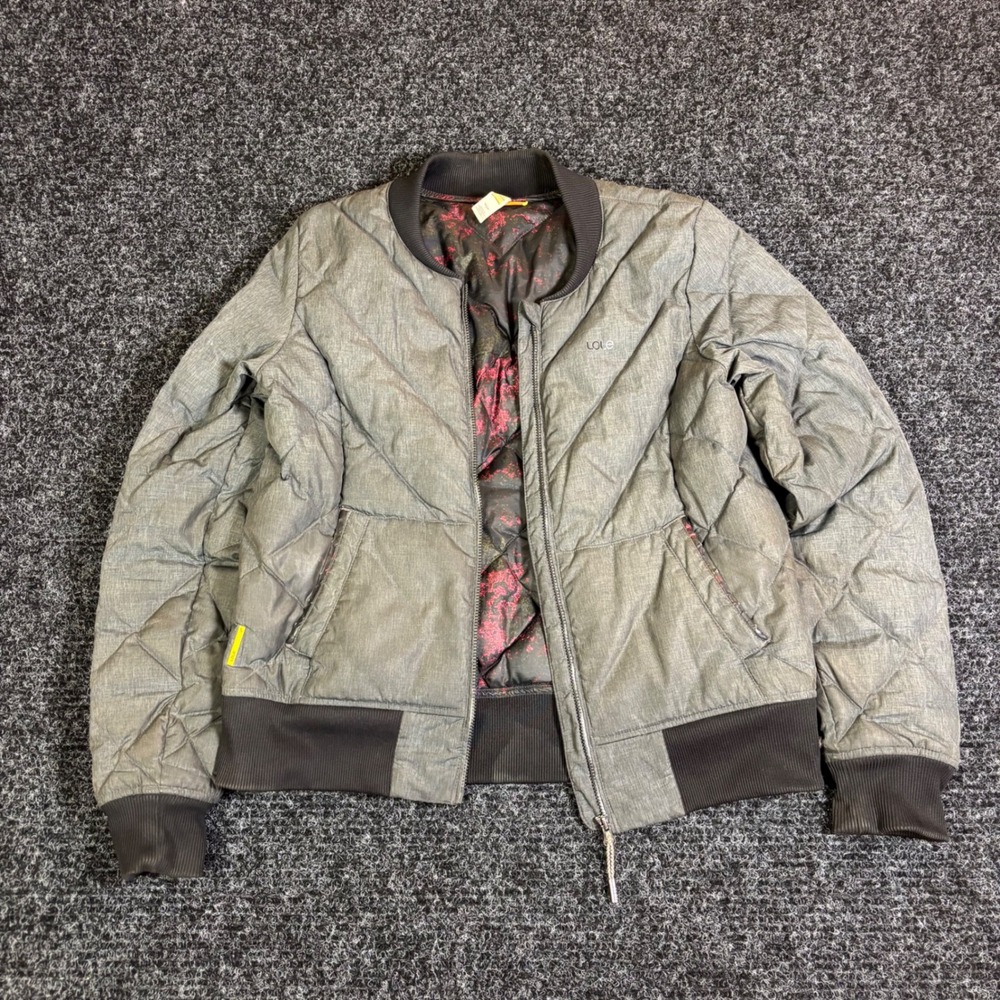 Lole Womens Gray Quilted Bomber Jacket Full Zip Floral Lining Size Medium